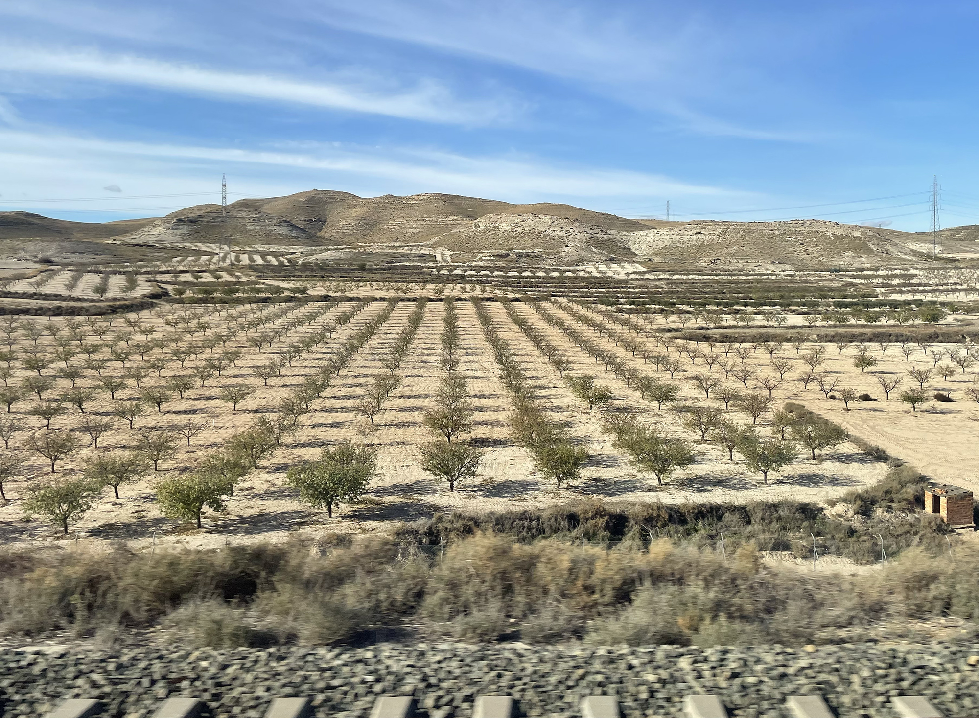 Blick aus dem Zugfenster auf karge spanische Landschaft mit terrassierten Mandelplantagen und kahlen Hügeln
