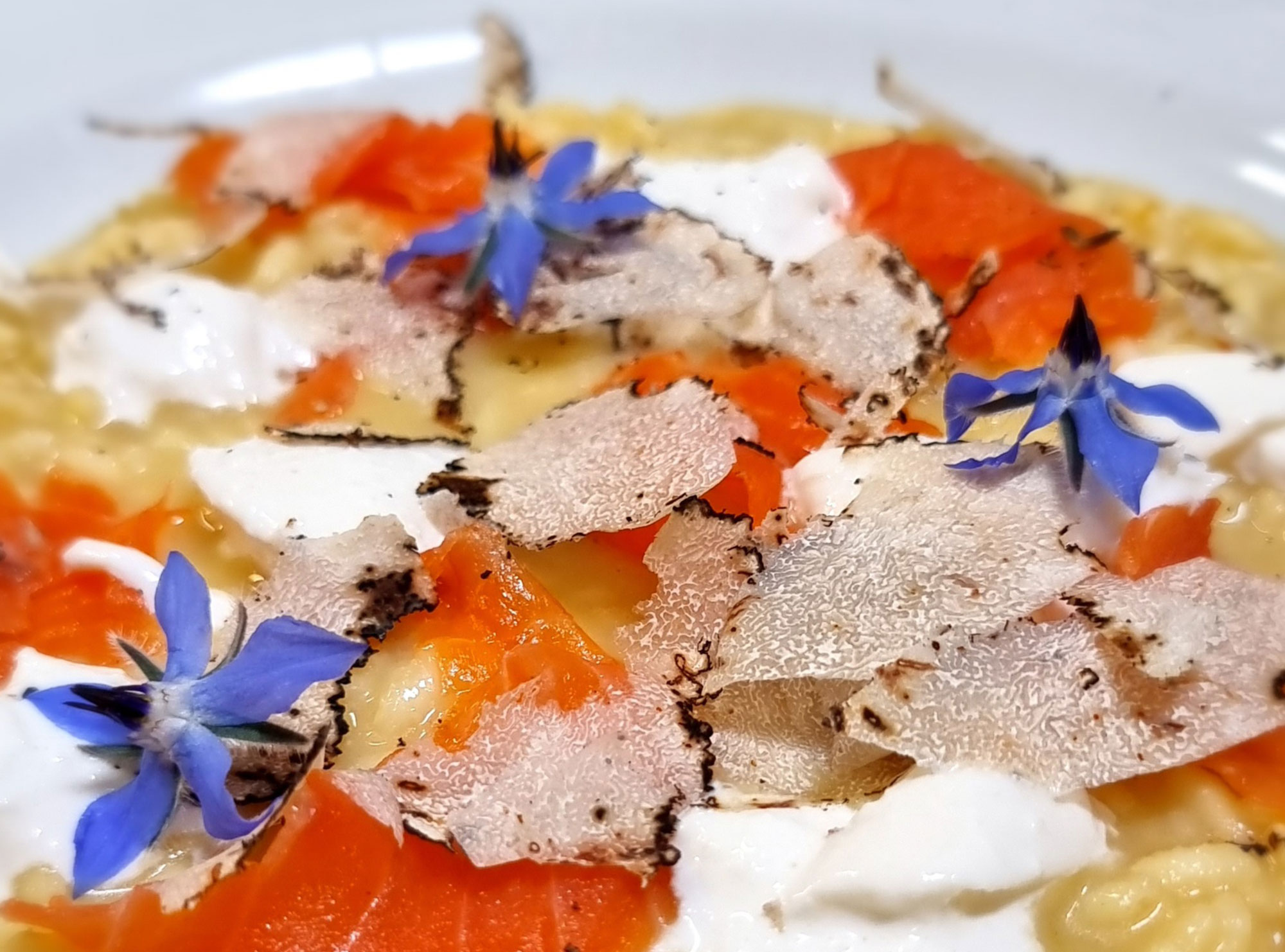 Nahaufnahme eines Gourmet-Gerichts mit Trüffelscheiben, Lachs und blauen Boretschblüten