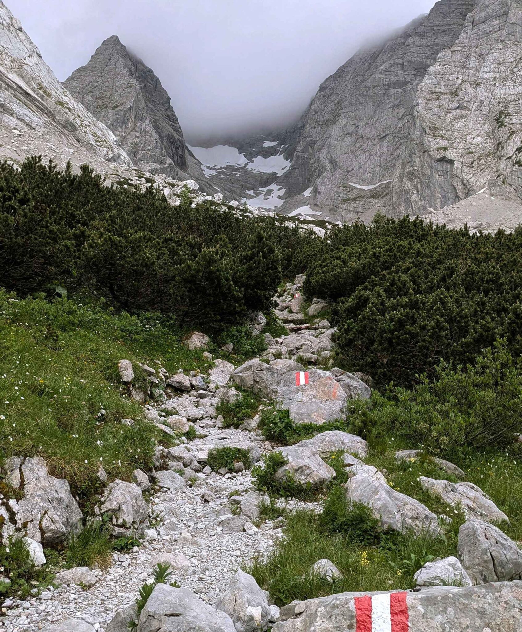 Markierter Wanderweg in den Alpen mit aufziehendem Nebel – Good Travel Blog