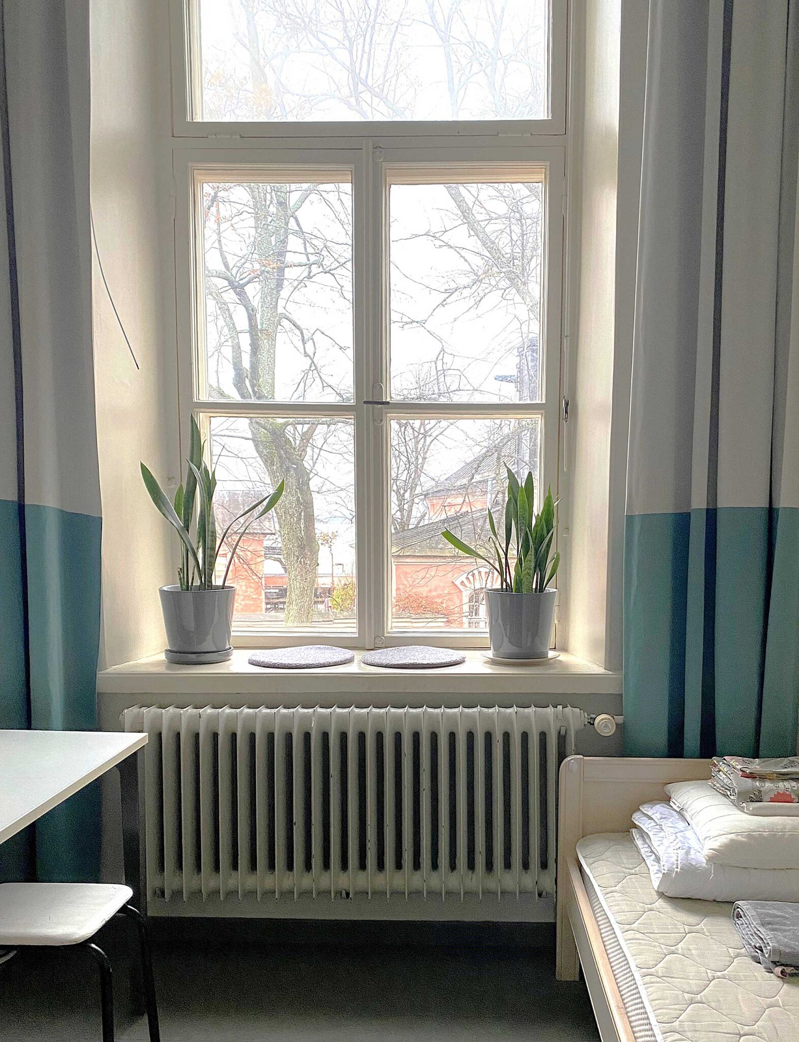Helles Zimmer im Hostel Suomenlinna mit historischem Sprossenfenster, Grünpflanzen auf der Fensterbank und Blick auf kahle Bäume und rote Backsteinhäuser