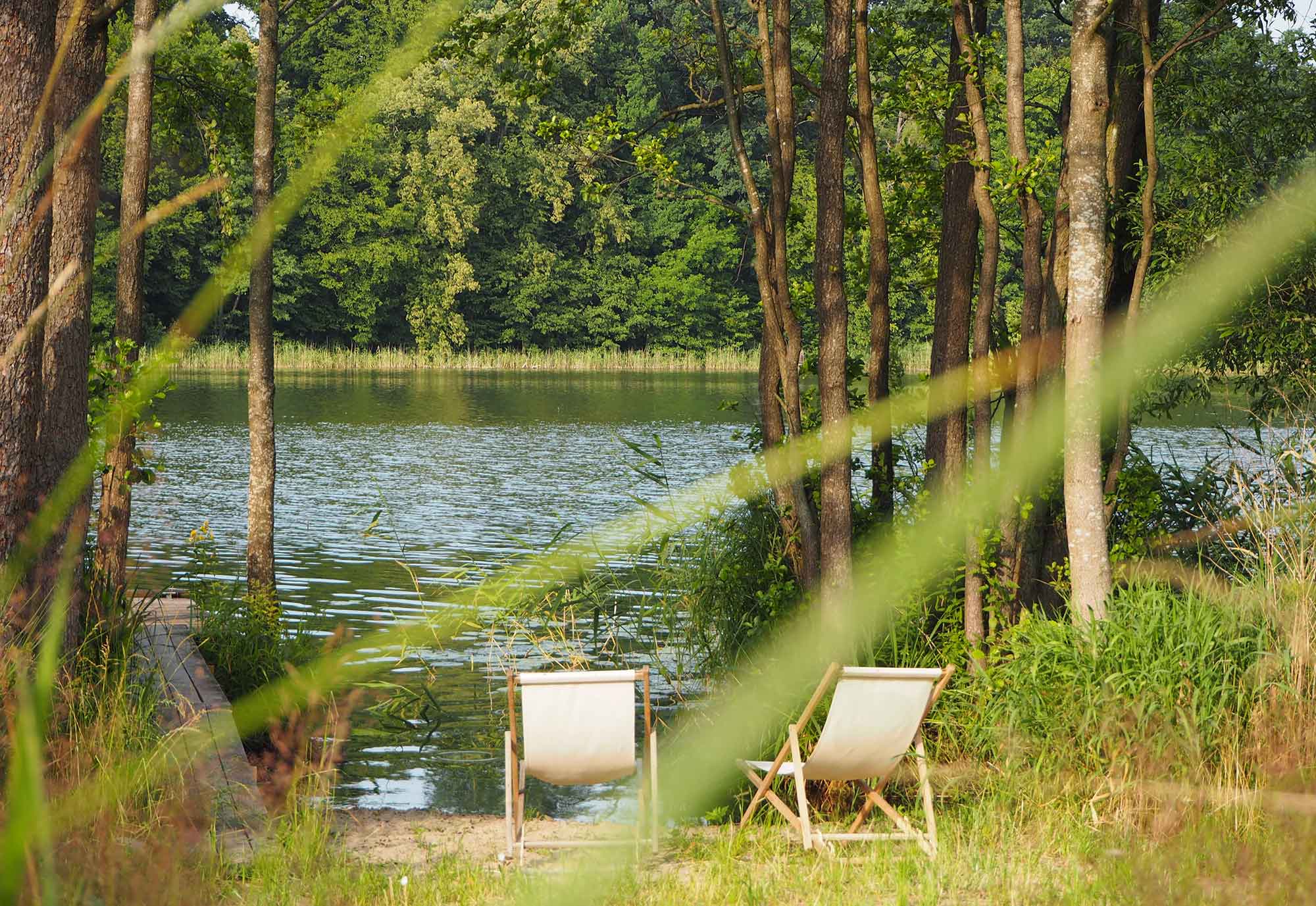 Liegestühle am Seeufer im Wald beim Agriturismo Beniaskie!, Bieniasze, Ermland-Masuren, Polen