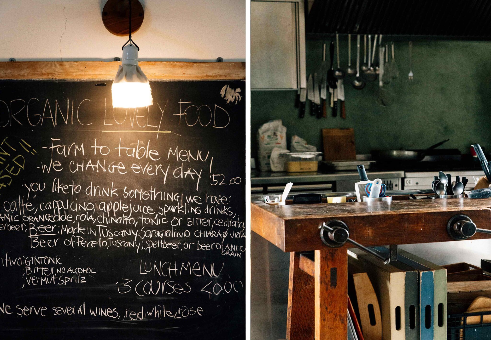 Collage aus handgeschriebener Speisekarte mit Farm-to-table-Menü und Blick in die offene Küche der Fattoria San Martino