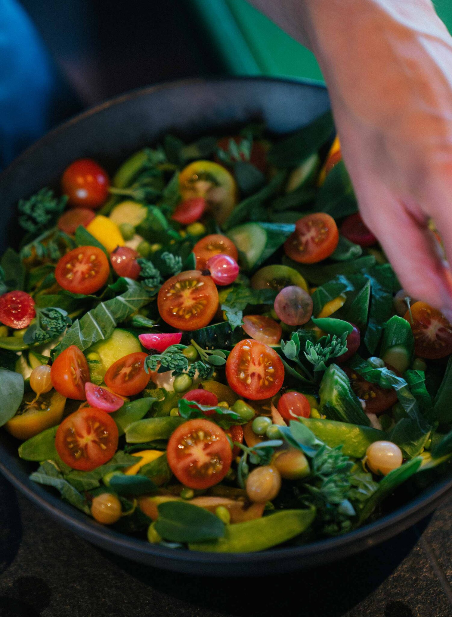 Schale mit buntem Blattsalat, Kirschtomaten und Erbsen auf der Michelberger Farm