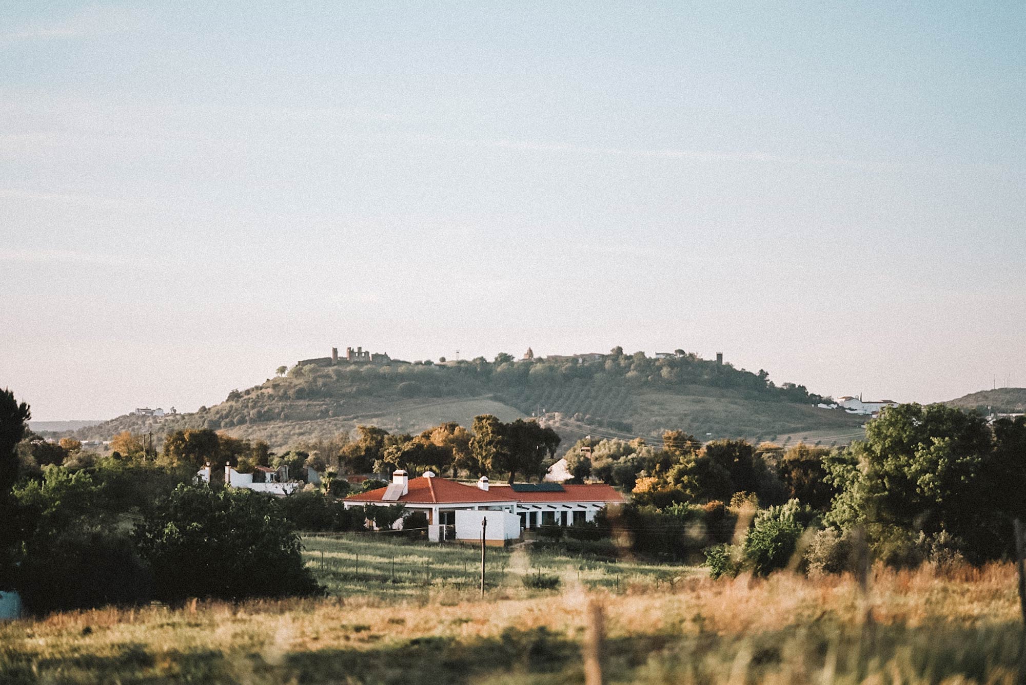 Panoramablick auf die Landschaft des Alentejo mit der Burg von Montemor-o-Novo im Hintergrund