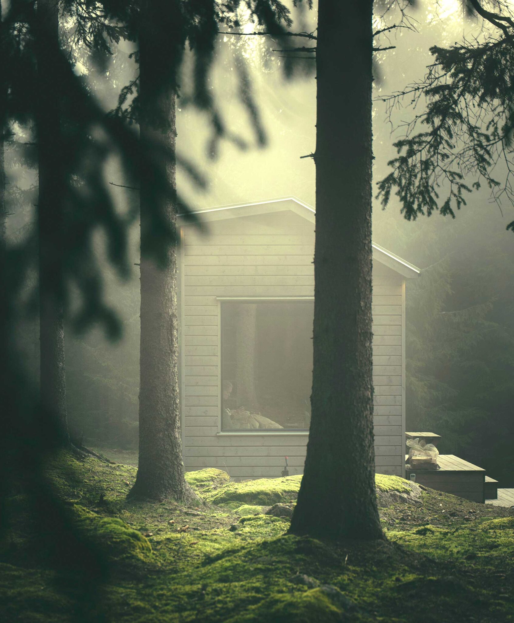 inforest-huette-morgenlicht-wald.jpg Helle Glamping-Hütte des INFOREST zwischen Bäumen und moosbedecktem Waldboden im goldenen Morgenlicht