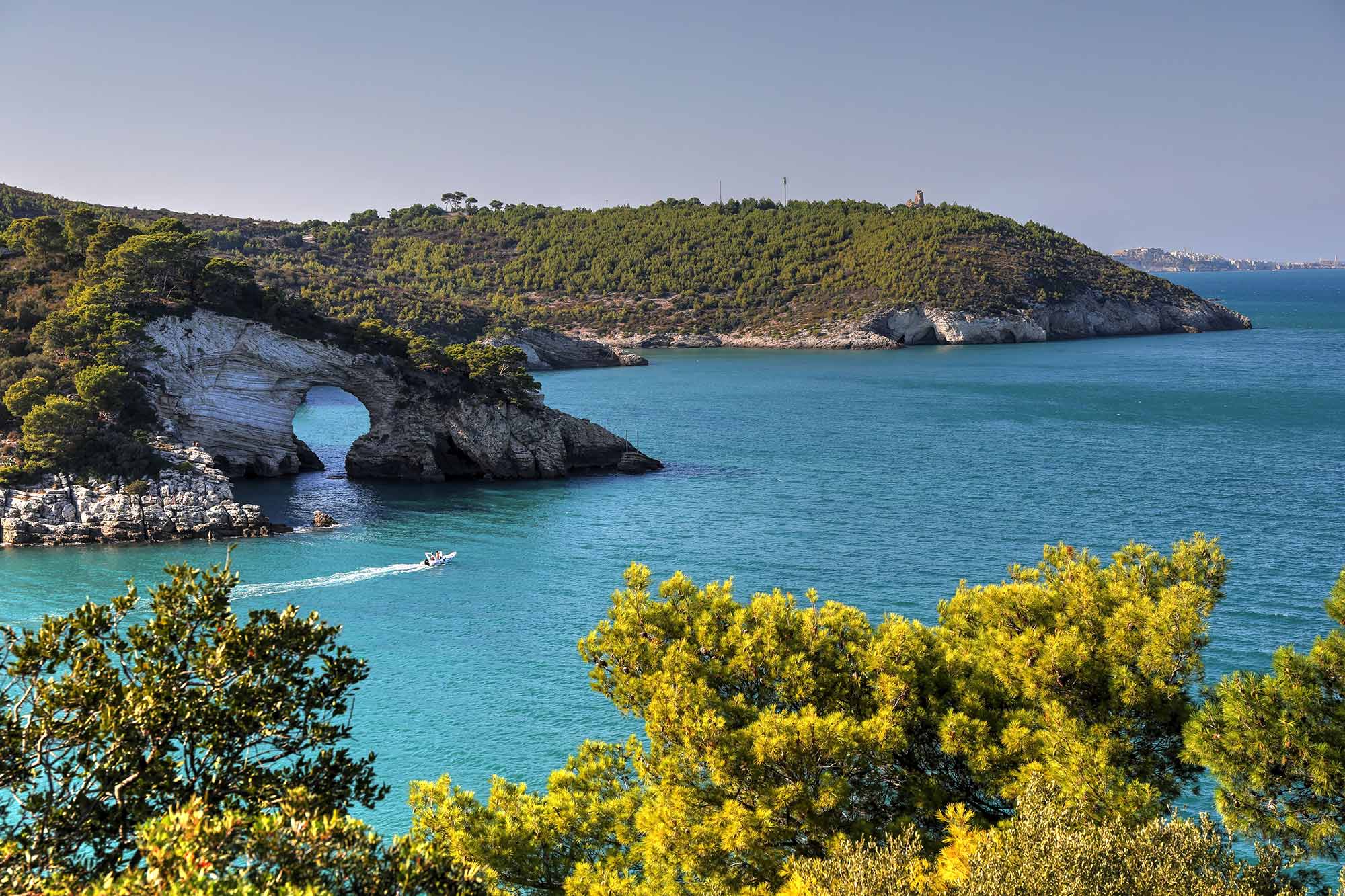 Felsküste mit natürlichem Torbogen und türkisfarbenem Meer auf der Halbinsel Gargano nahe der Foresta Umbra