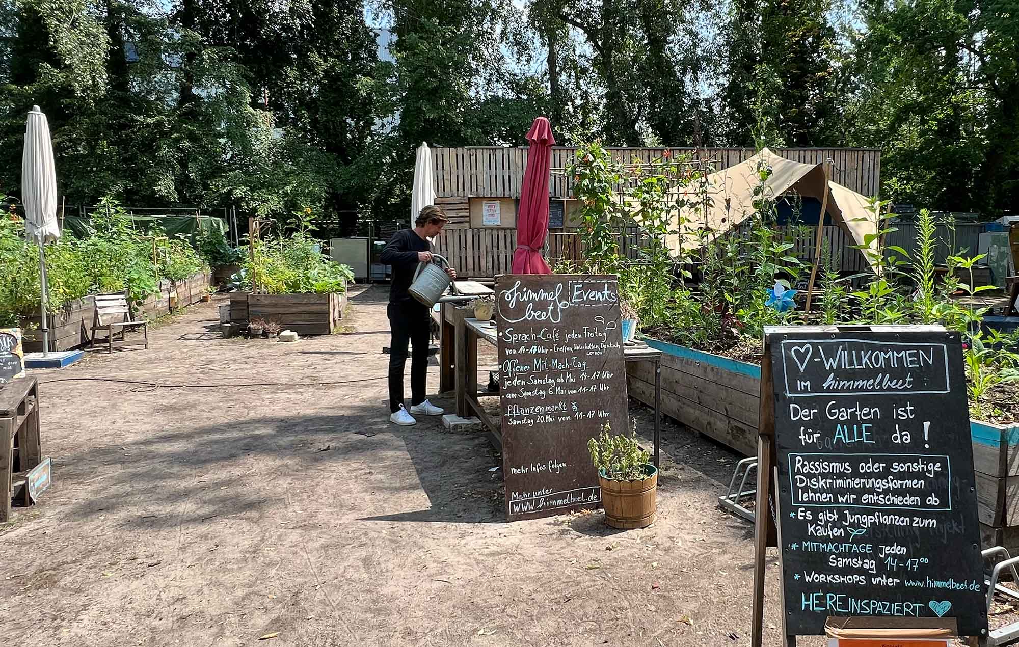 Mann gießt Pflanzen im Gemeinschaftsgarten himmelbeet, davor Kreidetafeln mit der Aufschrift „Der Garten ist für ALLE da" und Veranstaltungsterminen